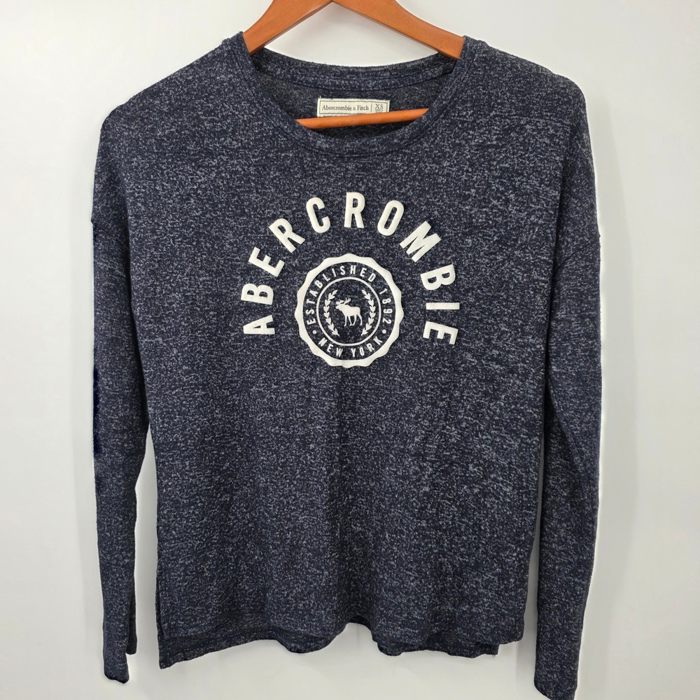 Abercrombie & Fitch Womens XS Navy Blue Marled Graphic Long Sleeve Logo Top